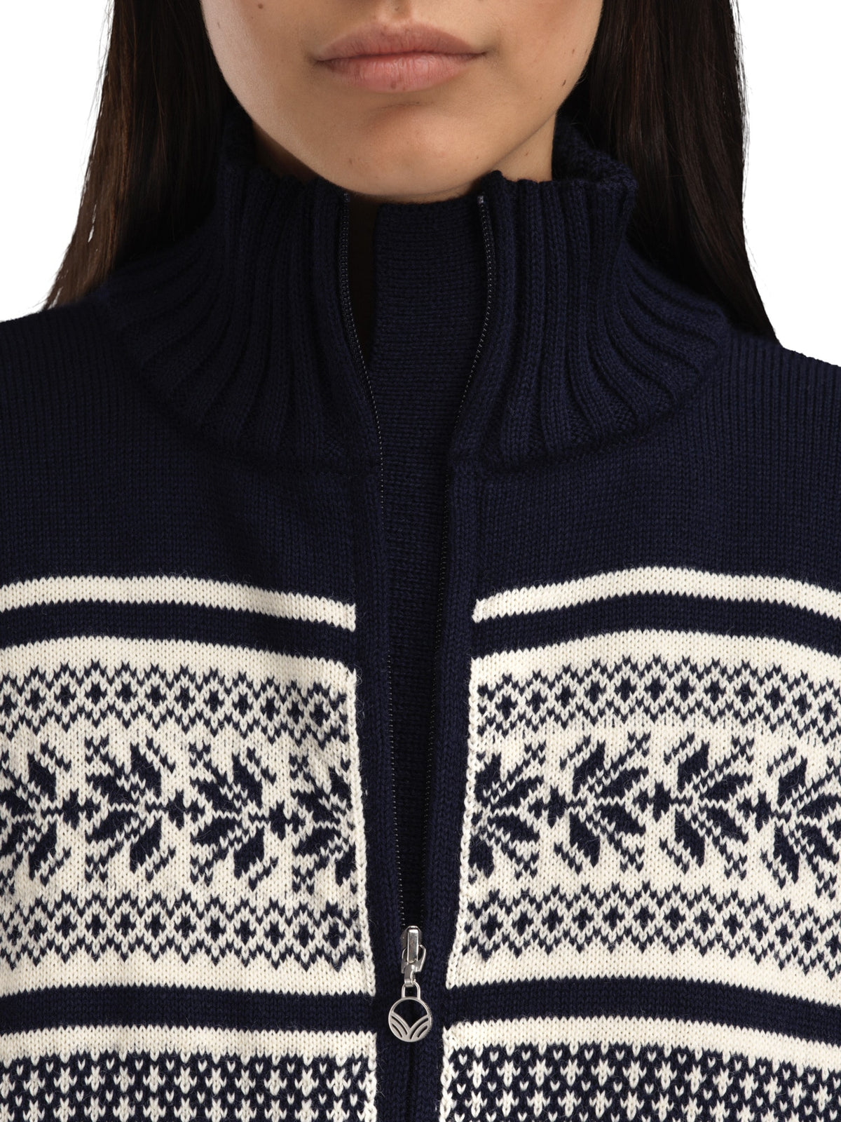 Detail photograph of the Dale of Norway Vola Navy and Off White jacket's wool knit and Nordic pattern