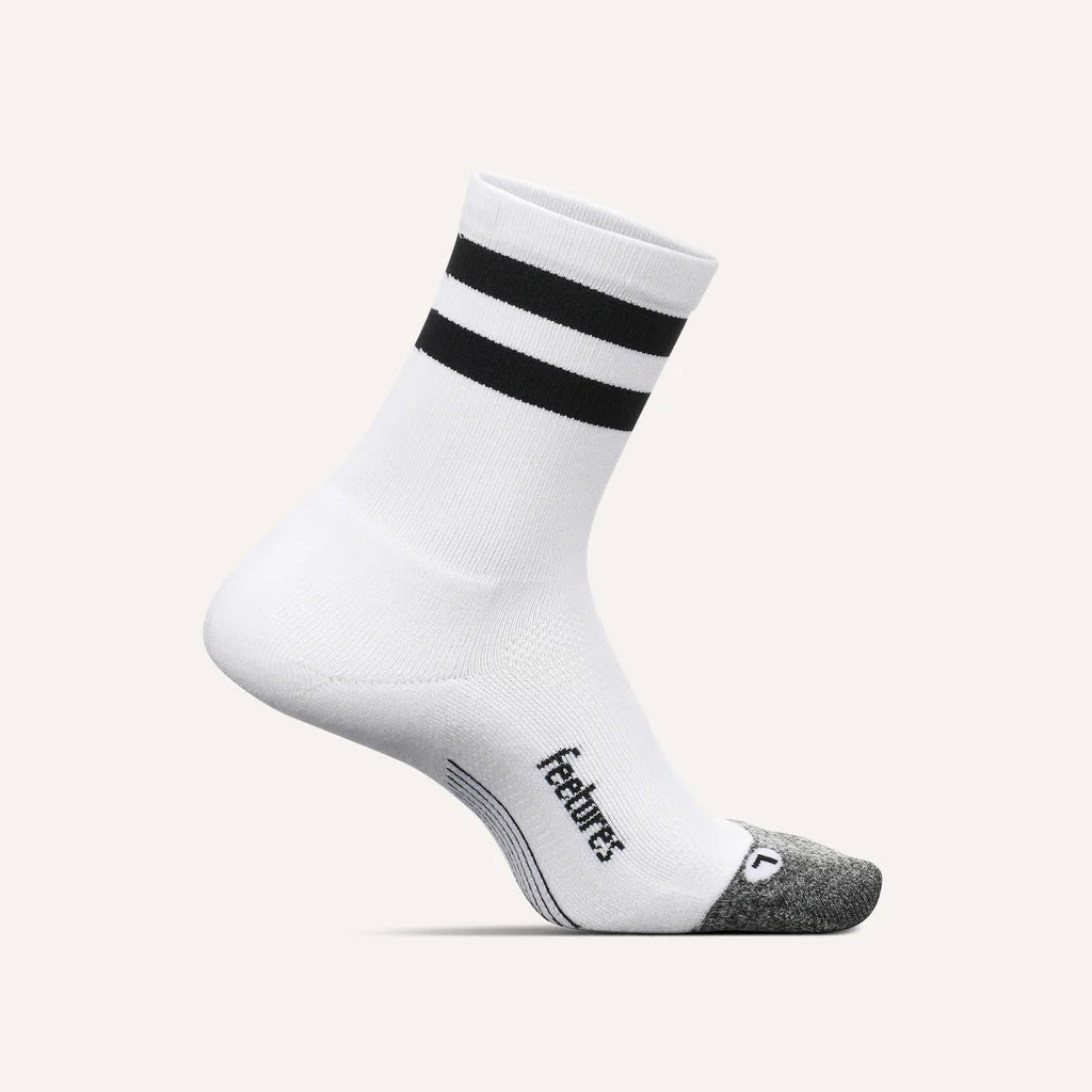 Feetures Elite Light Cushion Mini Crew. White with Black Stripes.