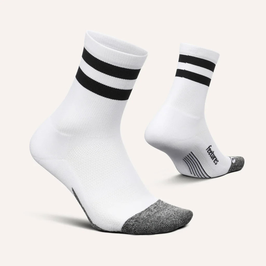 Feetures Elite Light Cushion Mini Crew socks in White High Top Stripe, unisex running socks.