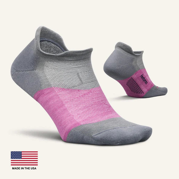 Feetures Merino 10 Max Cushion NST. Gray/Pink. Lateral/Medial view.