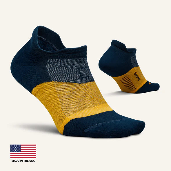Feetures Merino 10 Max Cushion NST. Blue/Yellow. Lateral/Medial view.