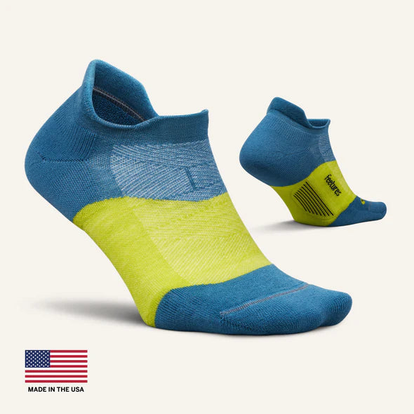Feetures Merino 10 NST. Blue/Yellow. Lateral/Medial view.