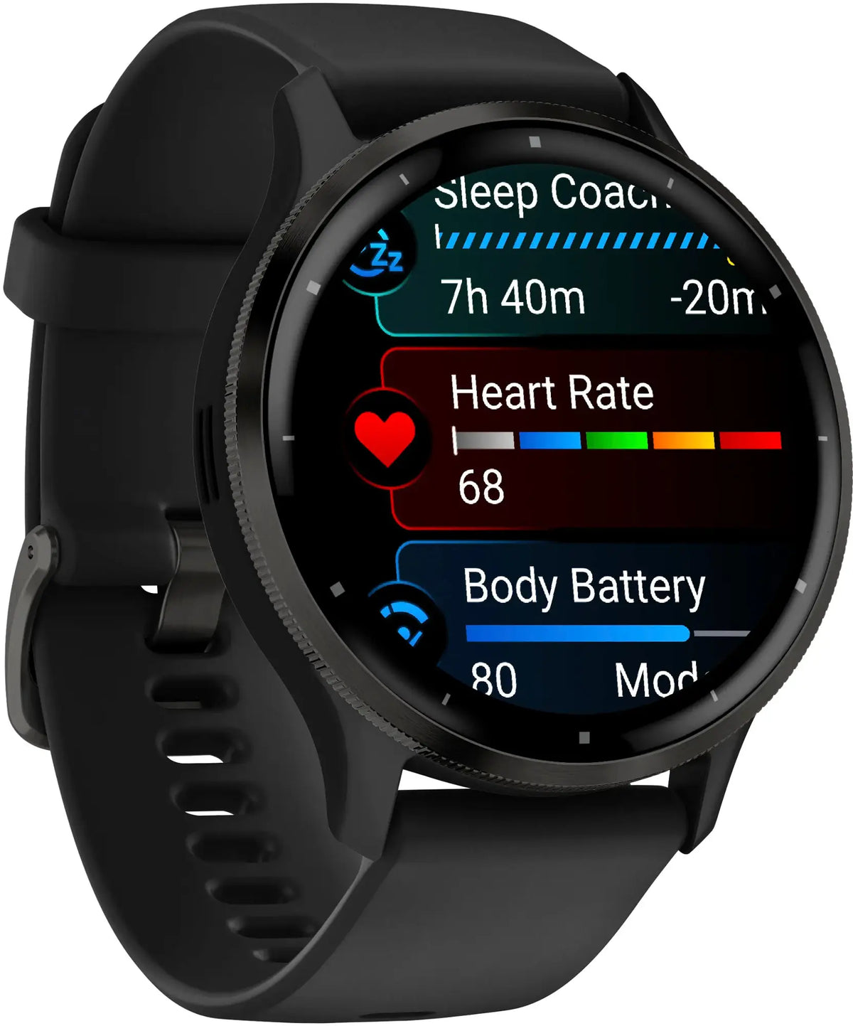 Garmin Venue 3. Black. Front/Lateral view.