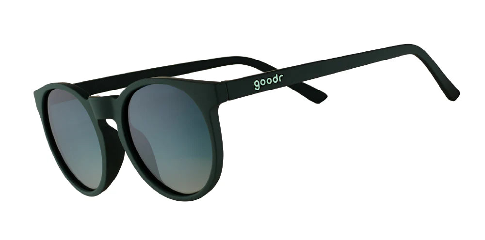 goodr circle g sunglasses. Dark green. Front/Lateral view.
