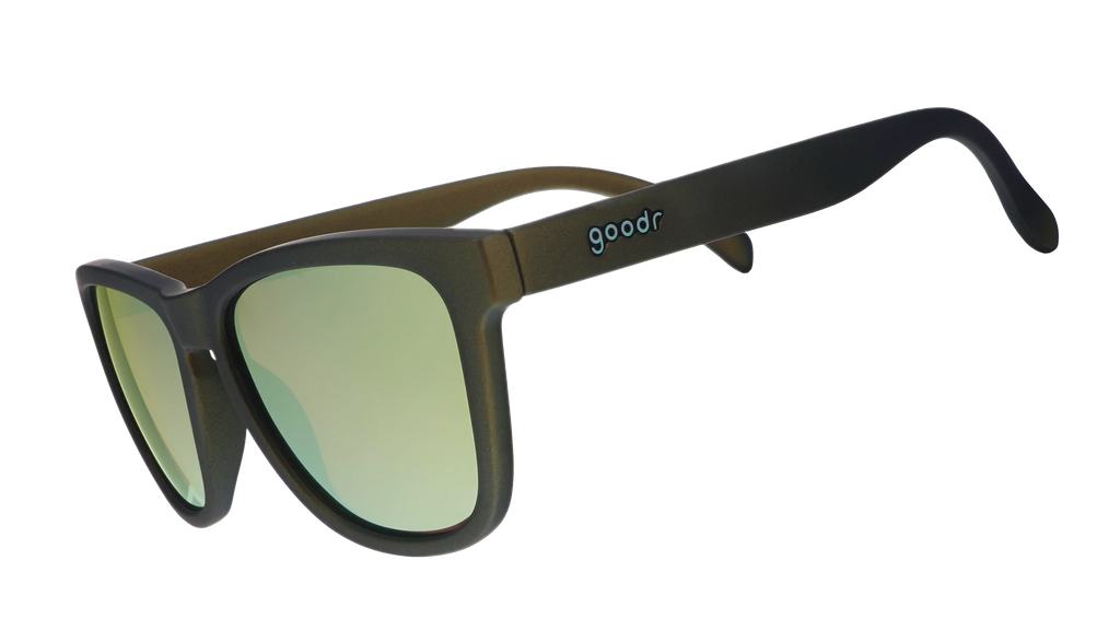 Goodr Sunglasses. OG. Brown and Black. Front/Lateral View.