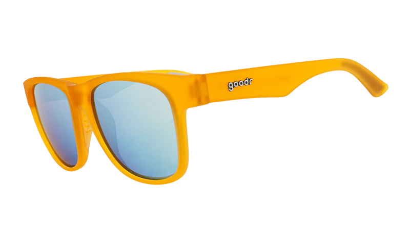Goodr Sunglasses. BFG. Orange frames. Light Blue lenses. Front/Lateral view.