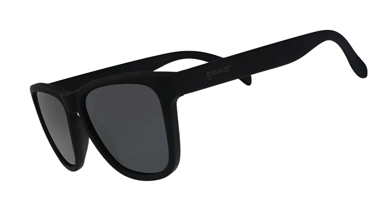 Goodr Sunglasses. OG. Black with Black Lenses. Front/Lateral View.