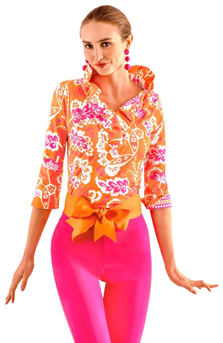 Gretchen Scott 3/4 Sleeve Ruffneck Top Women's Orange/Pink Flora