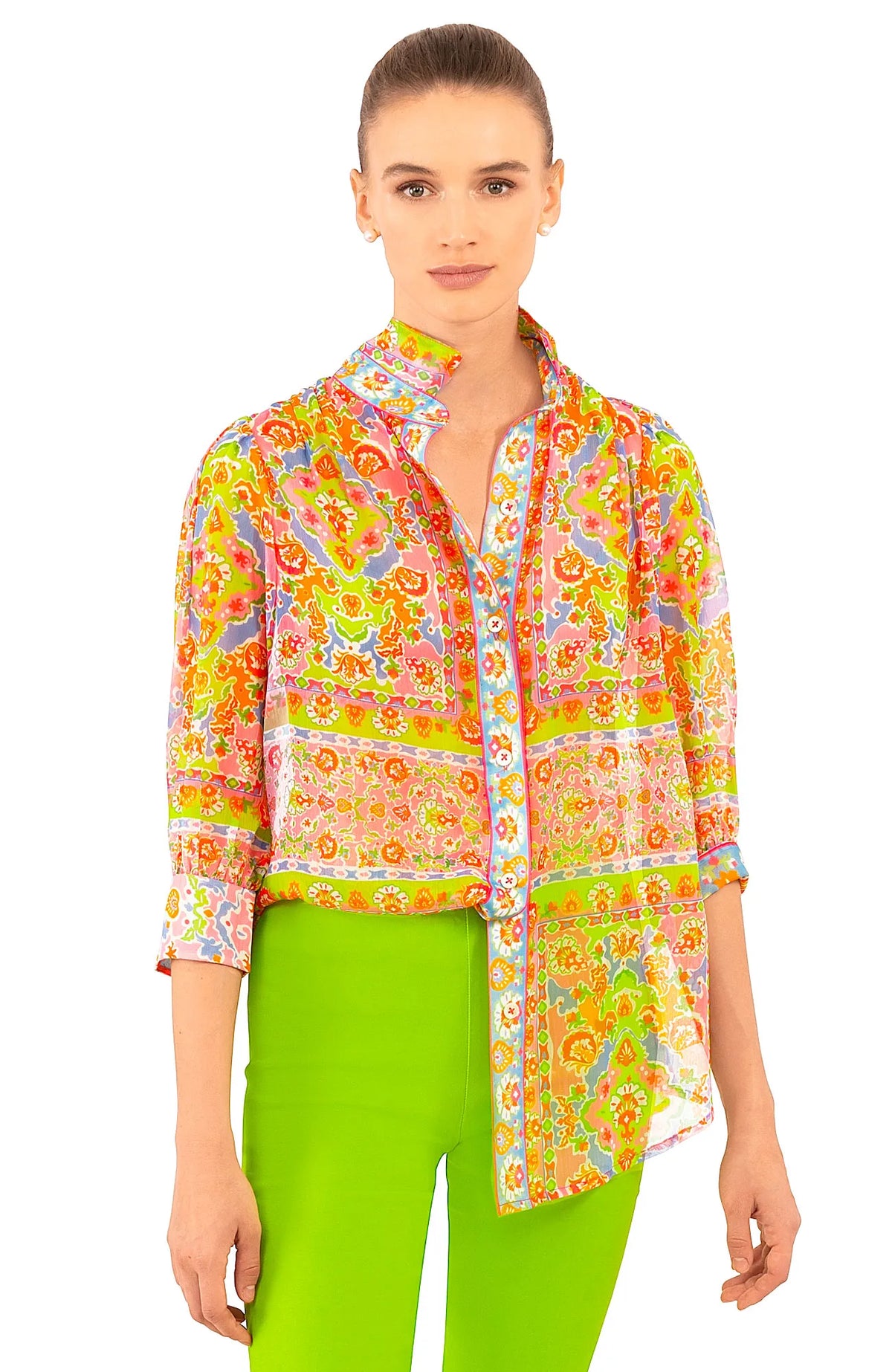 Gretchen Scott Boyfriend Shirt women's Pink/Lime Watteau front view