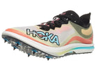Unisex Hoka Cielo X 3 MD Spikes. Multicolored upper. White midsole. Lateral view.