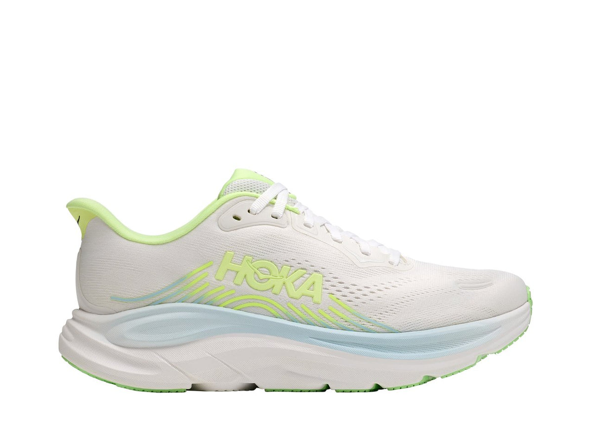 Women's HOKA Clifton 11 in Frost/Neon Yuzu – lateral product view