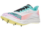 Hoka Crescendo MD 2 Spikes. White upper. White midsole. Lateral view.