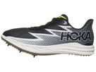 Hoka Crescendo MD Spikes/ Black/silver upper. White midsole. Lateral view.