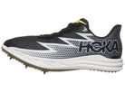 Hoka Crescendo MD Spikes/ Black/silver upper. White midsole. Lateral view.