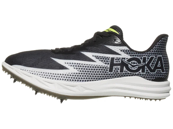 Hoka Crescendo MD Spikes/ Black/silver upper. White midsole. Lateral view.