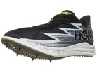 Hoka Crescendo MD Spikes/ Black/silver upper. White midsole. Lateral view.