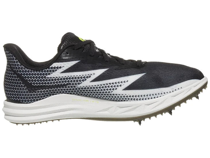 Hoka Crescendo MD Spikes/ Black/silver upper. White midsole. Medial view.