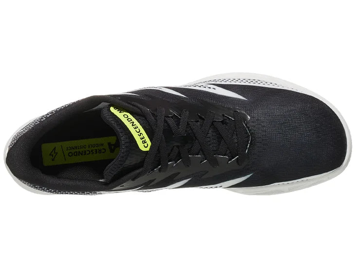 Hoka Crescendo MD Spikes/ Black/silver upper. White midsole. Top view.