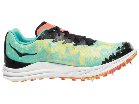 Hoka Crescendo XC Spike. Multicolored upper. White midsole. Medial view.