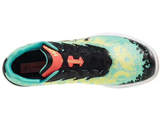 Hoka Crescendo XC Spike. Multicolored upper. White midsole. Top view.