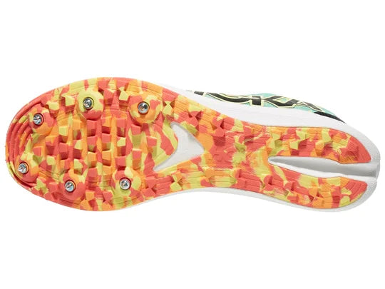Hoka Crescendo XC Spike. Multicolored upper. White midsole. Bottom view.