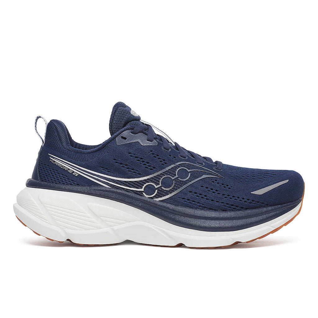 Men's Saucony Hurricane 25. Navy upper. Navy/White midsole. Lateral view.