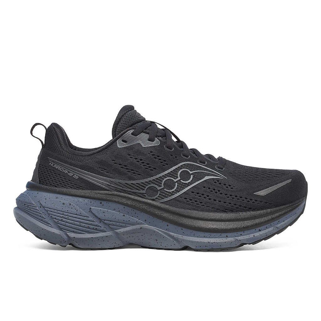 Men's Saucony Hurricane 25. Black upper. Black/Dark Grey midsole. Lateral view.
