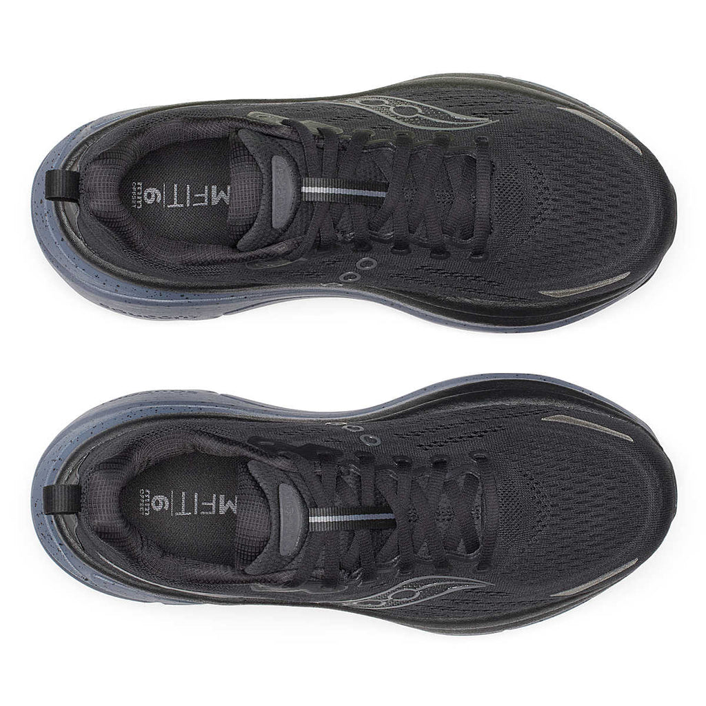 Men's Saucony Hurricane 25. Black upper. Black/Dark Grey midsole. Top view.