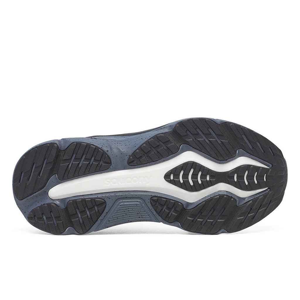 Men's Saucony Hurricane 25. Black upper. Black/Dark Grey midsole. Bottom view.