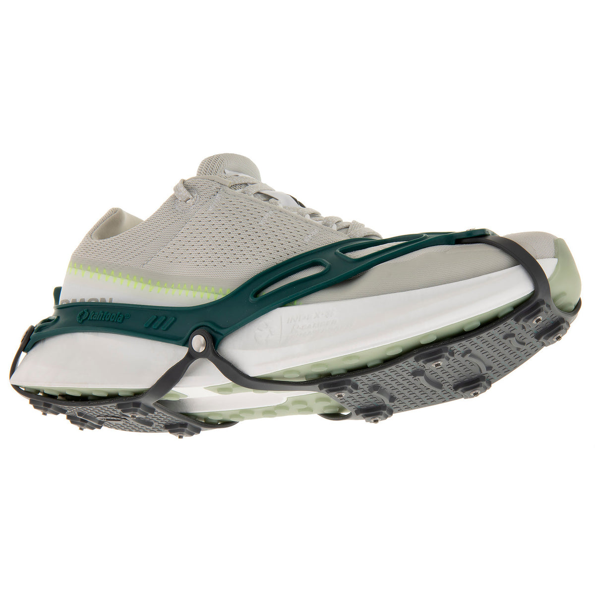 Unisex. Kahtoola Nanospikes. Blue/Green. Rear/Lateral view.