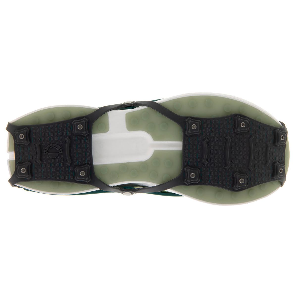 Unisex. Kahtoola Nanospikes. Blue/Green. Bottom view.
