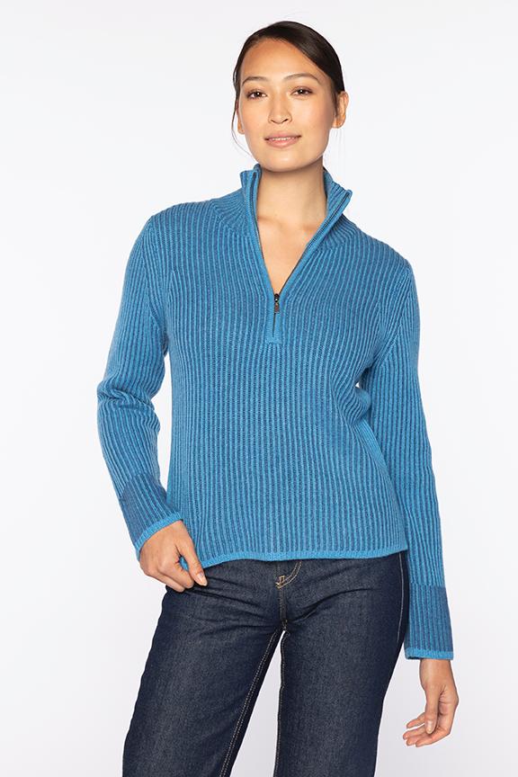 Kinross Cashmere Plaited Rib Zip Mock Neck Sweater Women's Imperial/Sapphire