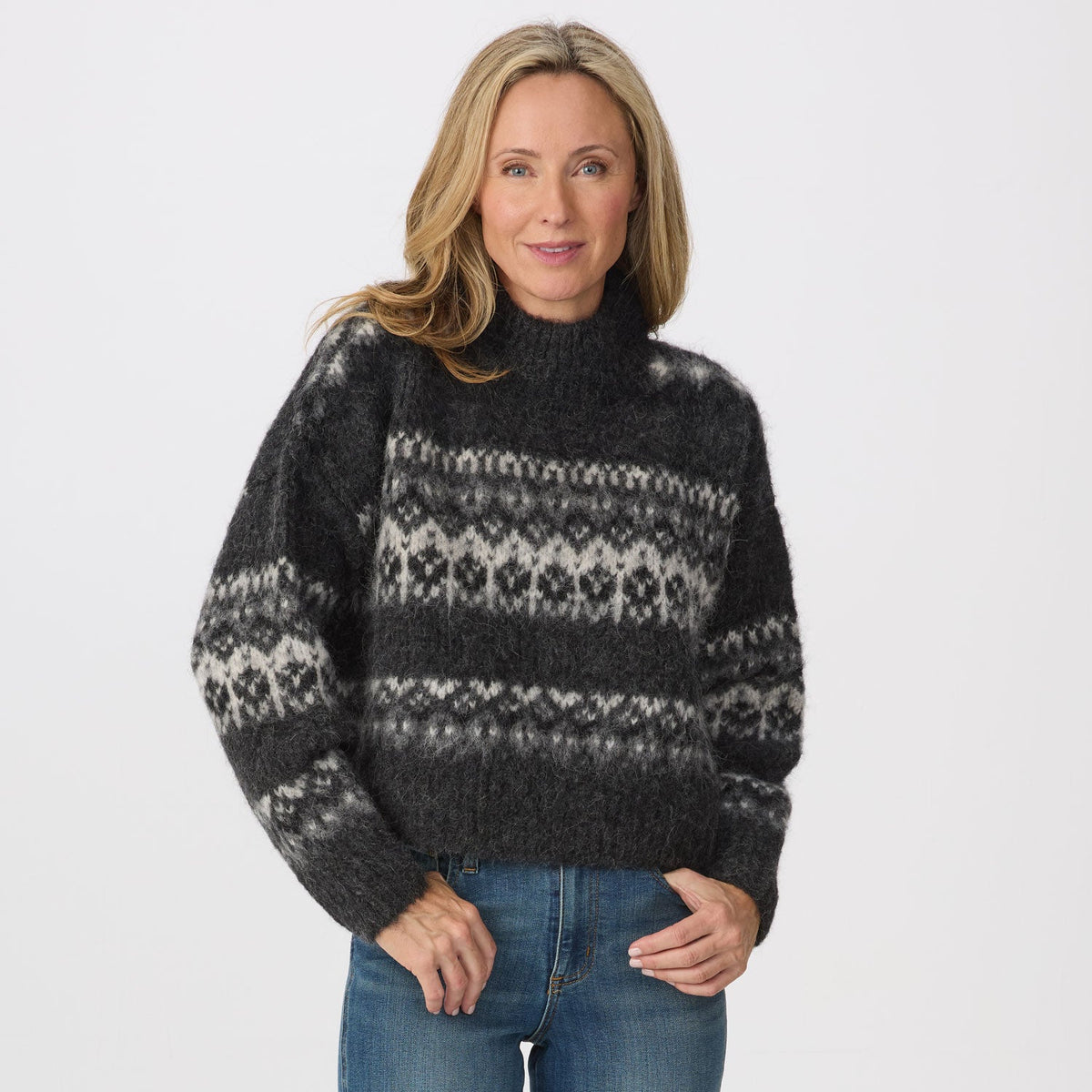Krimson Klover Celine women's mock-neck sweater in Heather Black, front view
