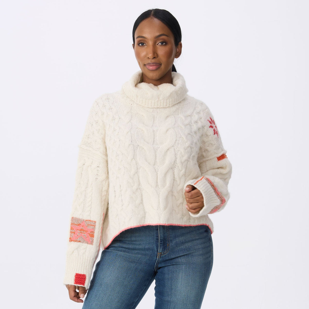 Krimson Klover Freebird women's turtleneck sweater in Snow, front view