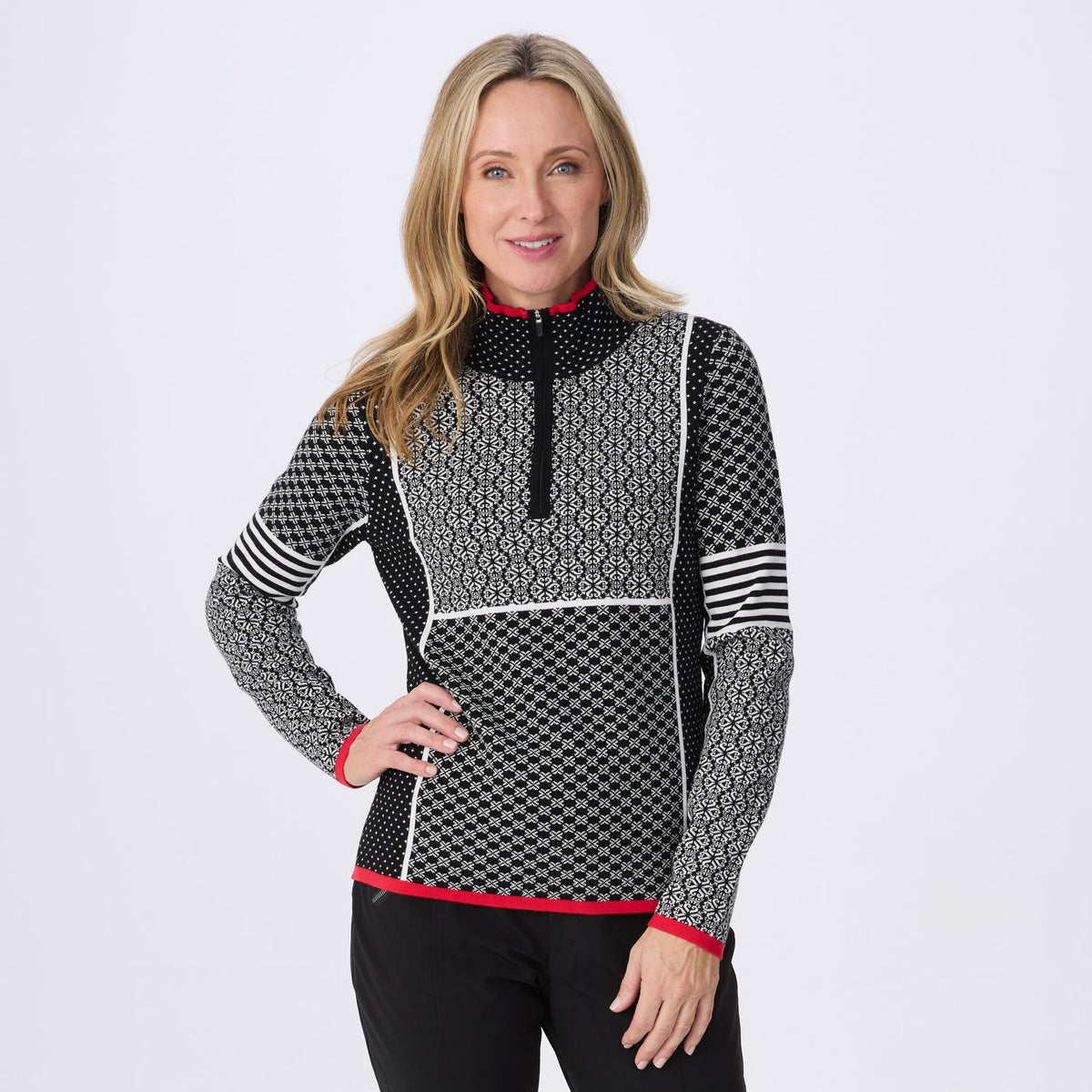 Krimson Klover Pow women's zip-neck sweater in Black, front view
