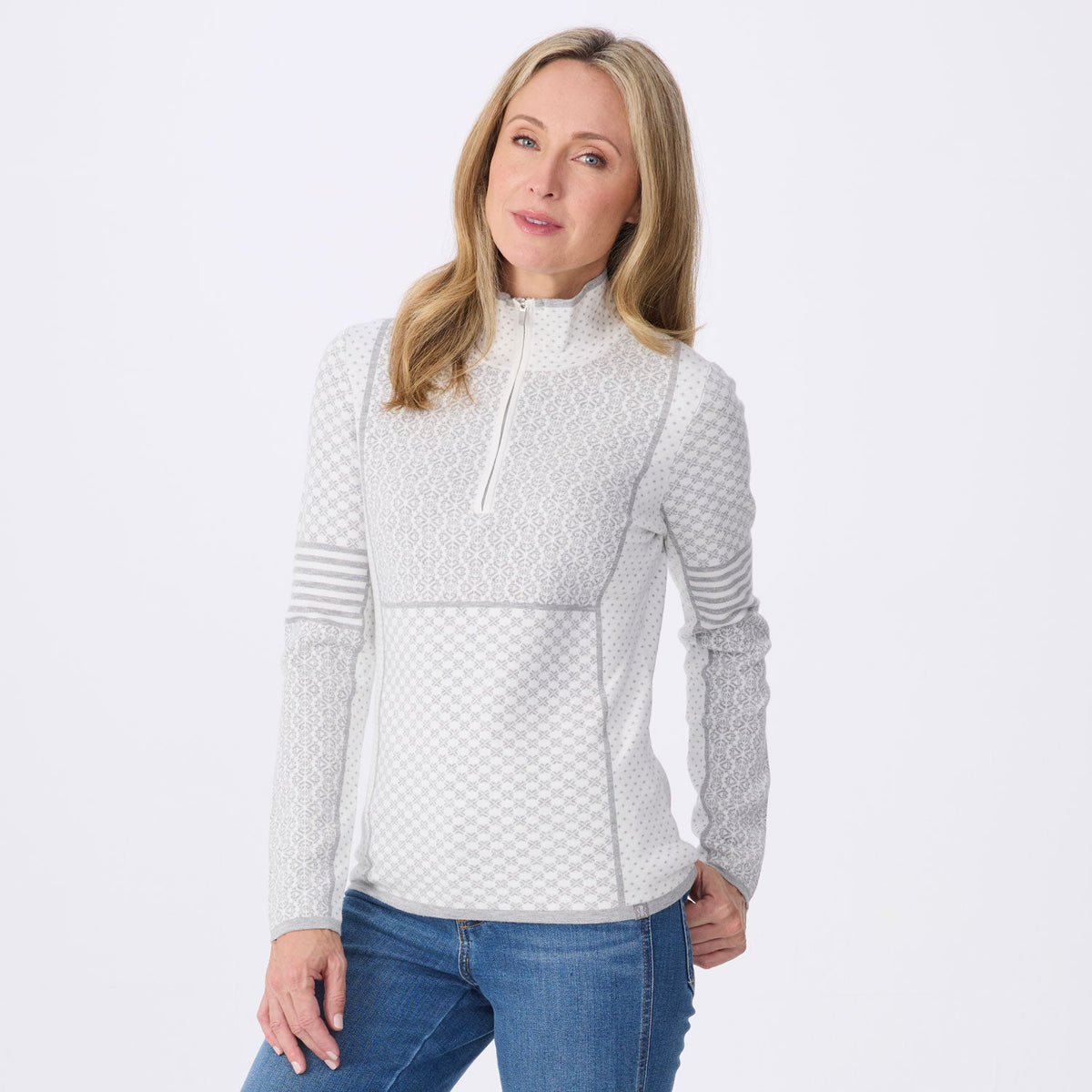 Krimson Klover Pow women's zip-neck sweater in Snow, front view