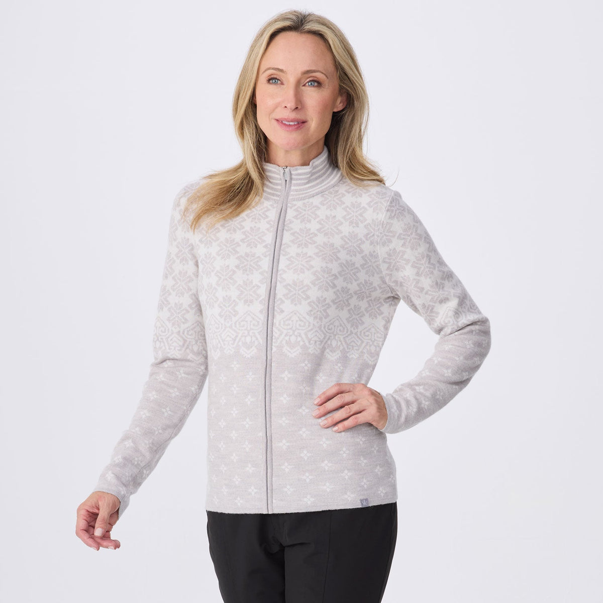 Krimson Klover Sierra women's full-zip sweater in Silver/Snow, front view