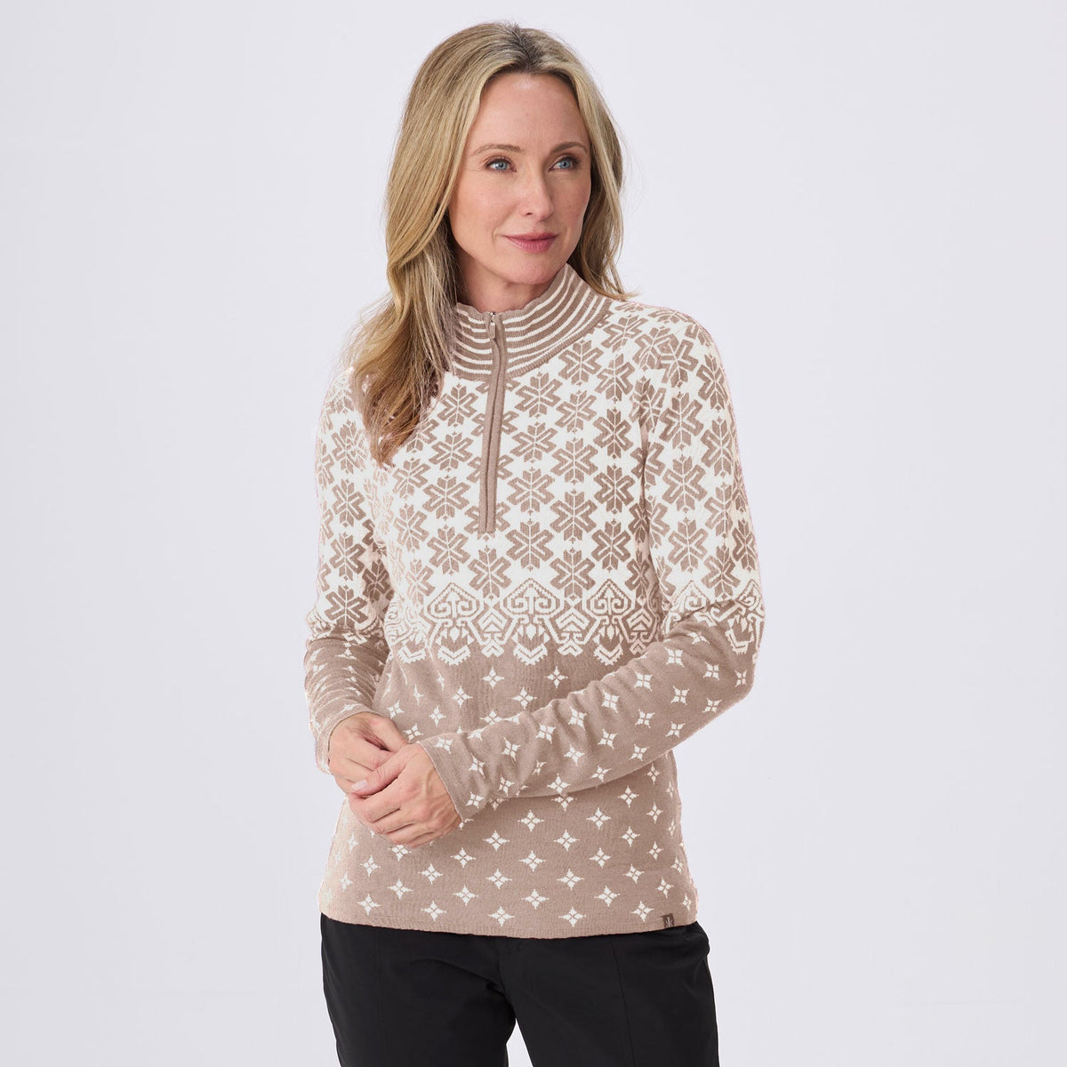 Krimson Klover Sierra women's zip-neck sweater in Heather Oat, front view