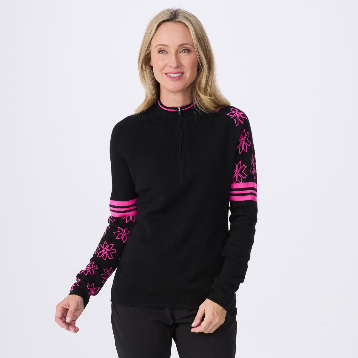 Krimson Klover Snowdrift women's zip-neck sweater in Black/Pink Glo, front view
