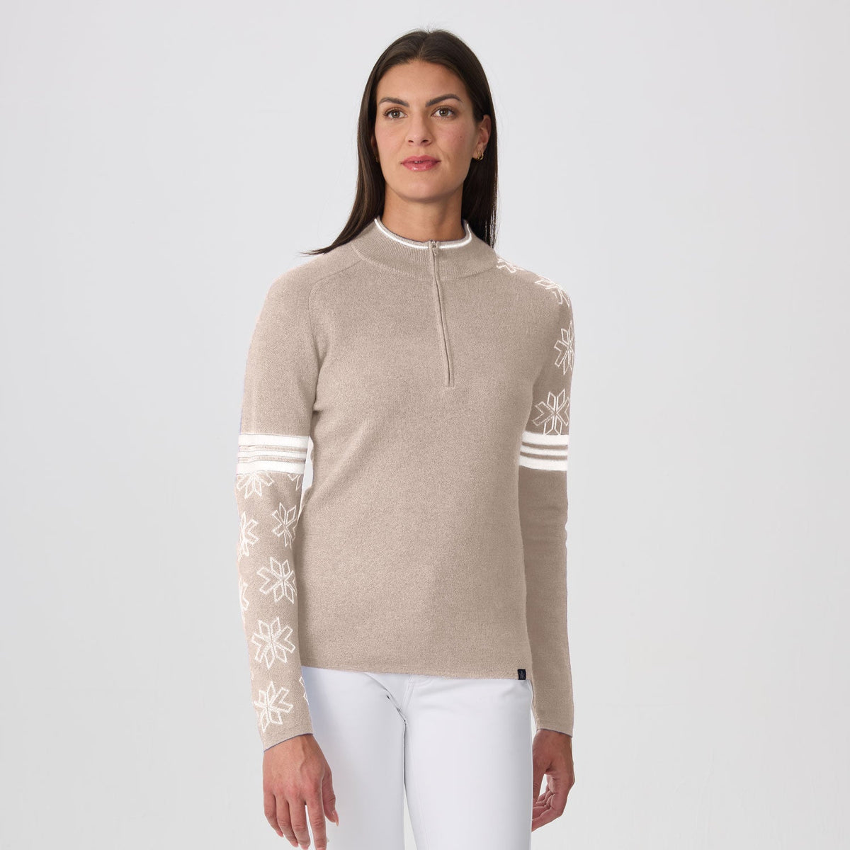 Krimson Klover Snowdrift women's zip-neck sweater in Heather Oat, front view