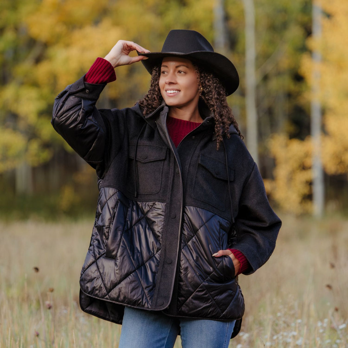 Krimson Klover Willow women's quilted jacket in Heather Black, modeled lifestyle photograph