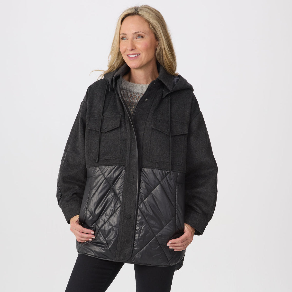 Krimson Klover Willow women's quilted jacket in Heather Black, manufacturer studio view one