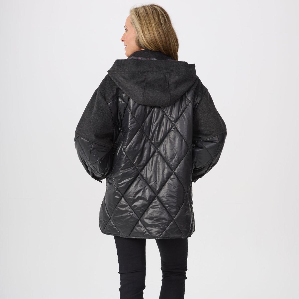 Krimson Klover Willow women's quilted jacket in Heather Black, manufacturer studio view three