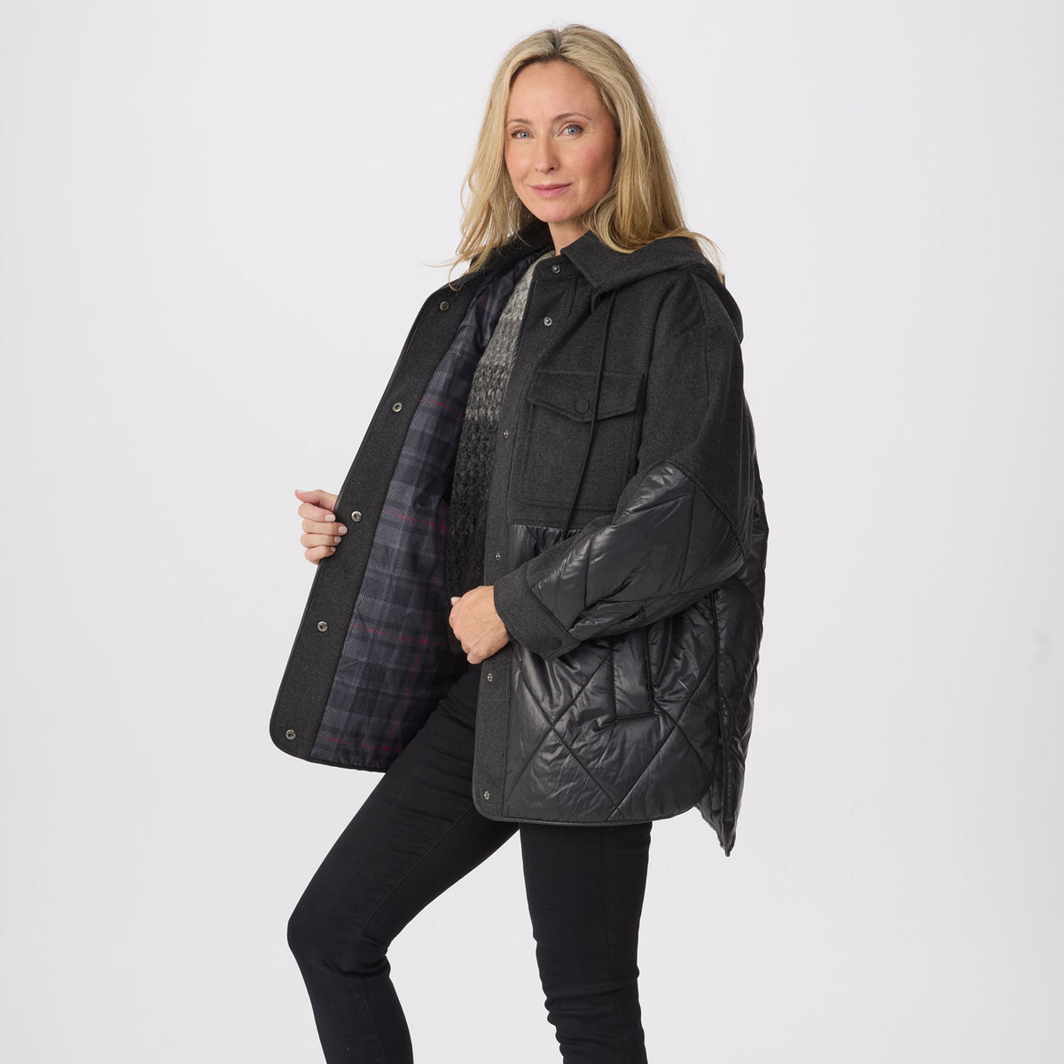 Krimson Klover Willow women's quilted jacket in Heather Black, manufacturer studio view four