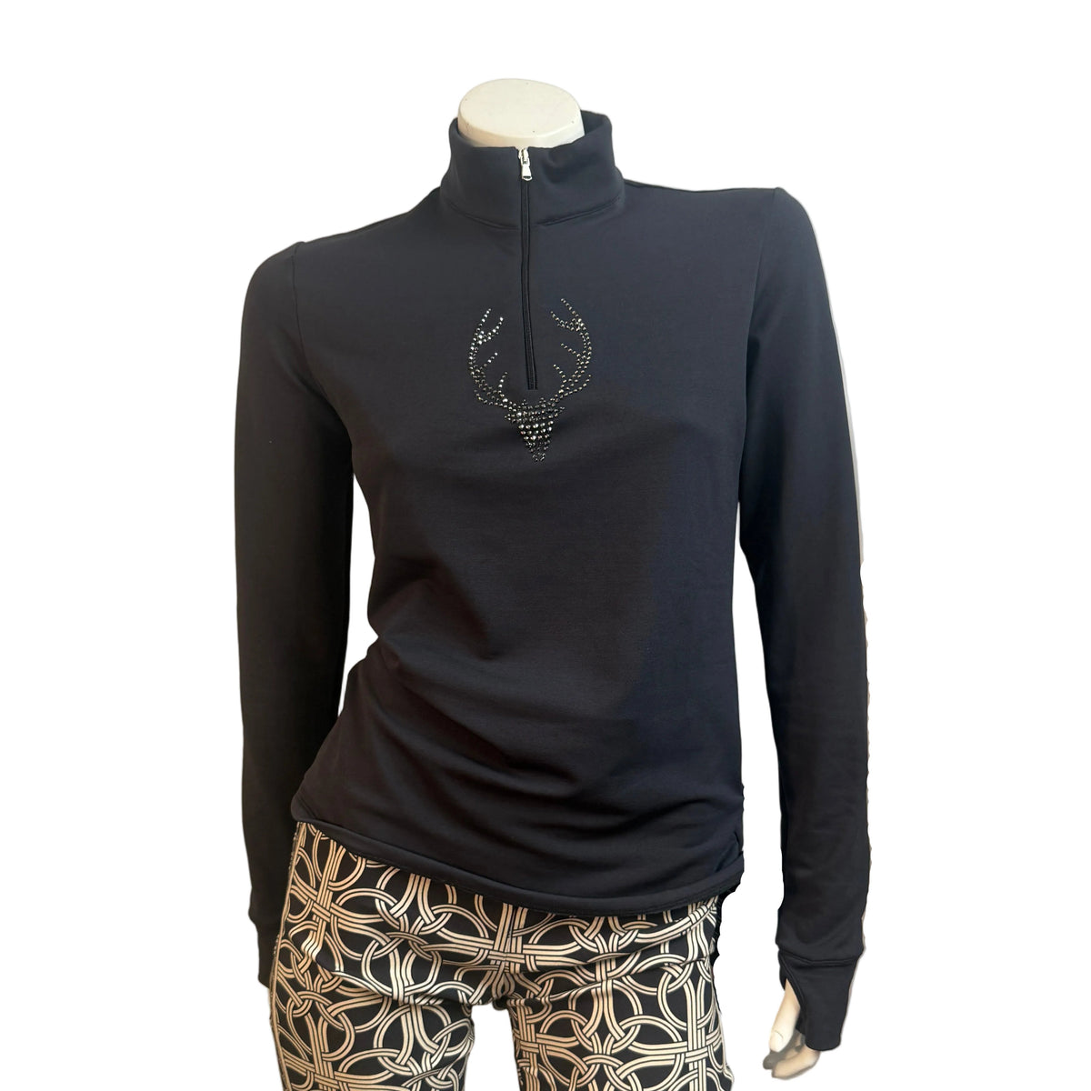 M. Miller Deidre women's black base layer front view with embroidered deer logo