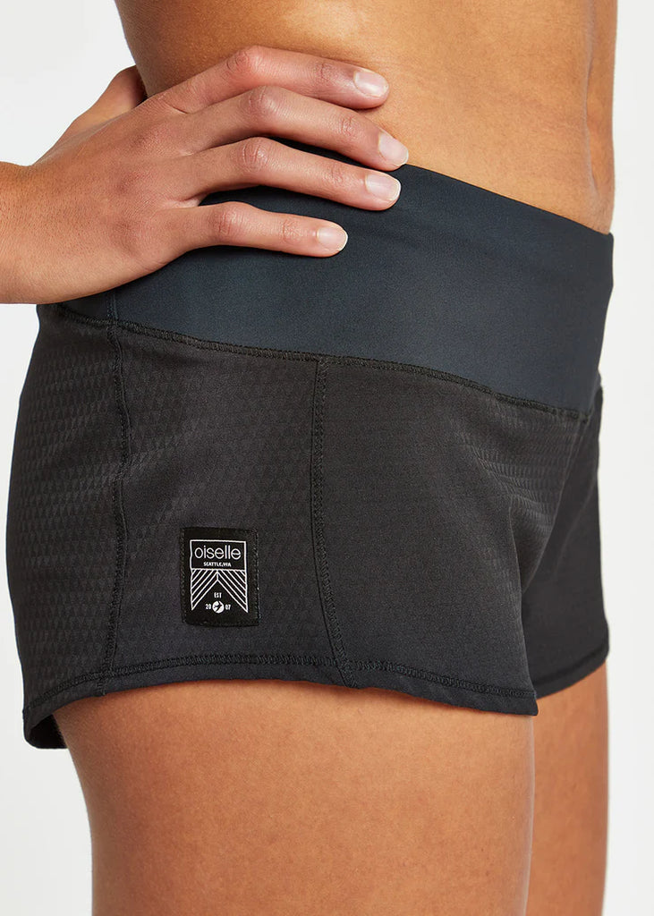 Women's Oiselle Mac Roga Shorts. Black. Lateral view.