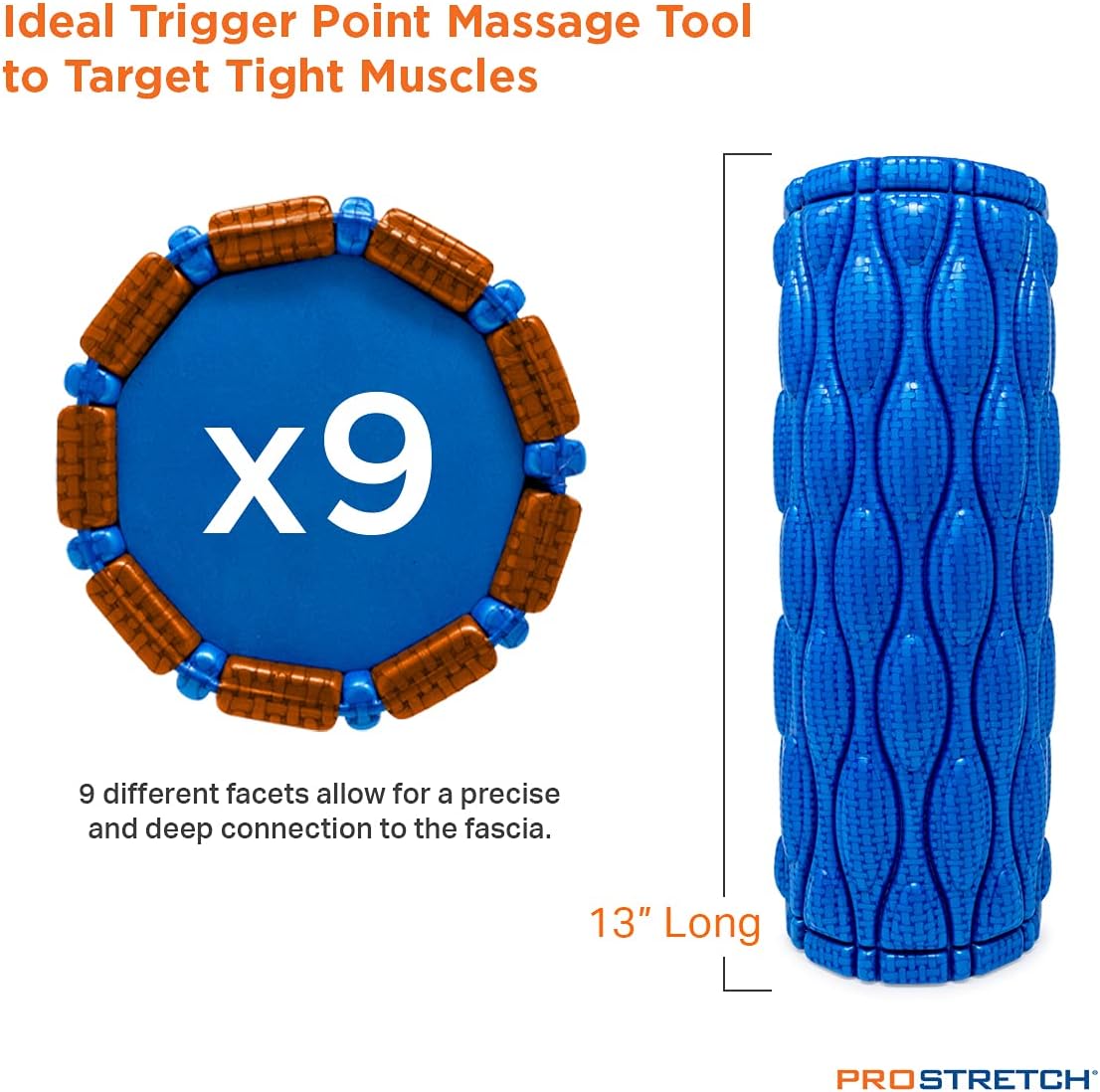 ProStretch Nonagon Foam Roller. Blue. Tech sheet.