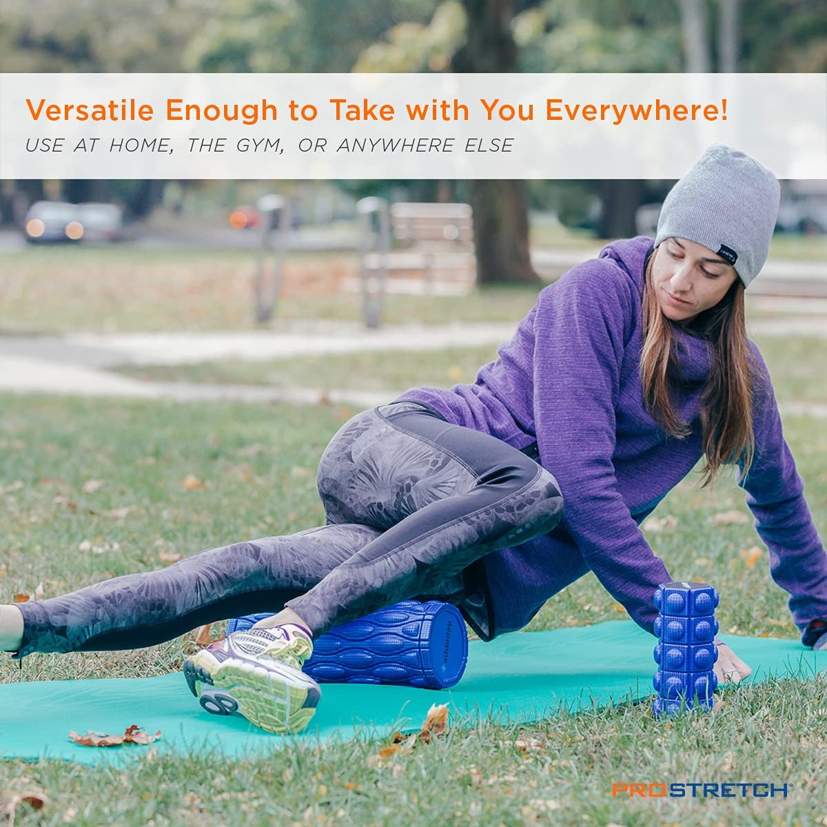 ProStretch Nonagon Foam Roller. Blue. Stock photo.