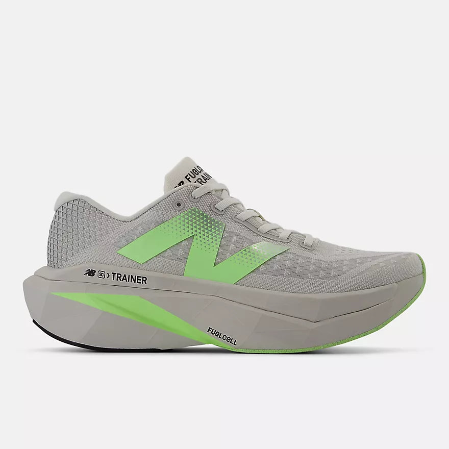 Men's New Balance FuelCell SuperComp Trainer v3. Grey upper. Grey and green midsole. Lateral view.