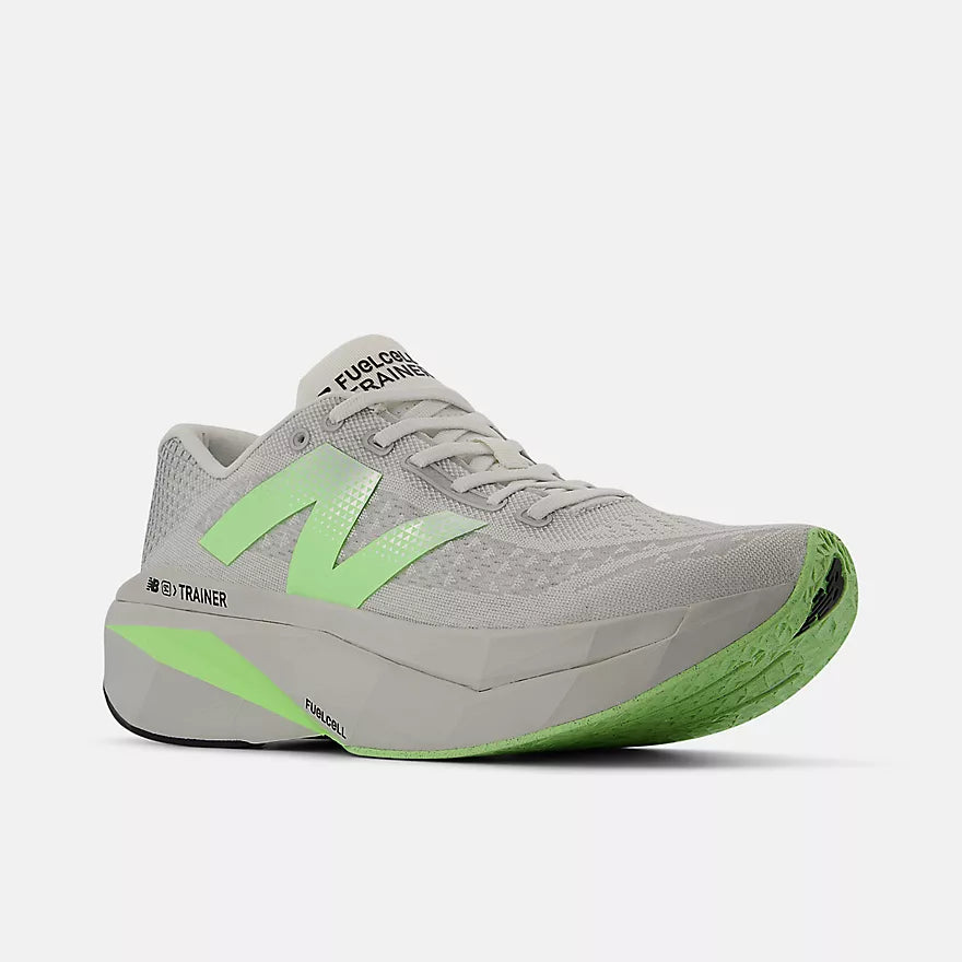 Men's New Balance FuelCell SuperComp Trainer v3. Grey upper. Grey and green midsole. Lateral view.